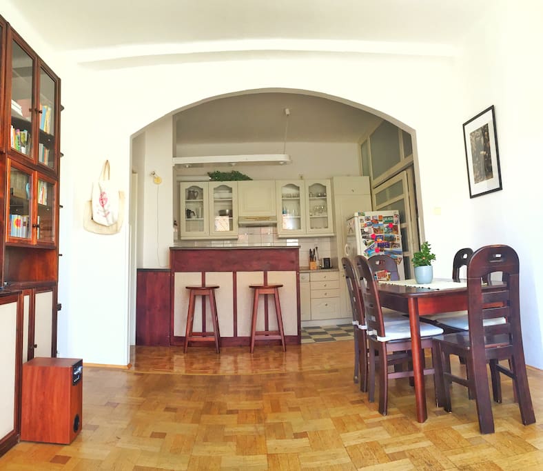 Kitchen and Living room.