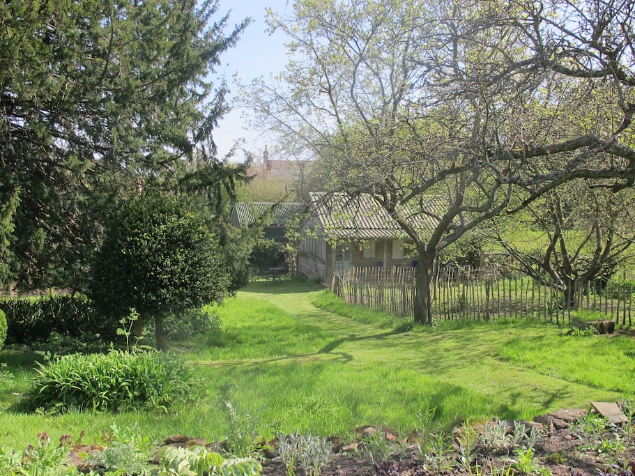 The Flowerbed Shed in early May, from the top lawn.