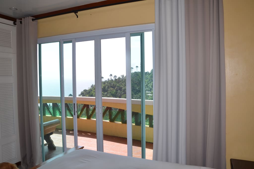 view from the bed through the glass doors
