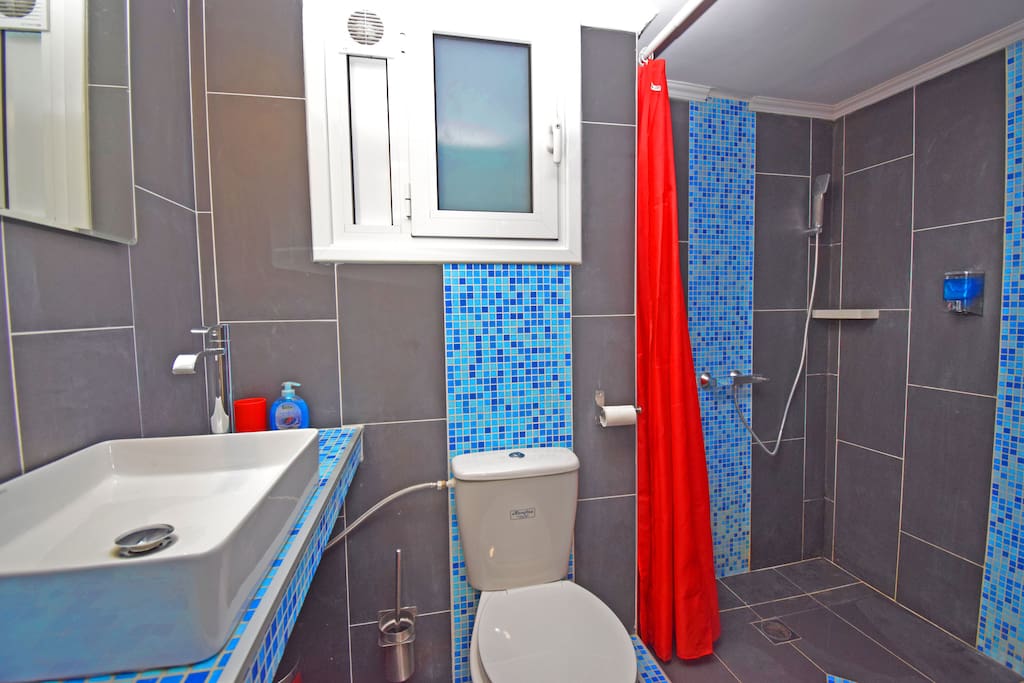 * * * * * The bathroom with the shower is big and spectacular - Lorena
It has a modern walk in shower with showergel dispenser, a modern and stylish handbasin and of course a toilet with plenty of paper :)