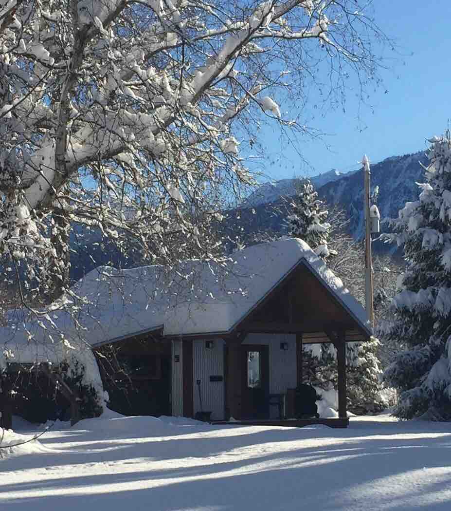 The cabin is surrounded by a winter landscape, with snow-covered trees and a clear blue sky. Icicles hang from the roof, and soft snow blankets the ground, creating a serene and inviting entrance to the home.