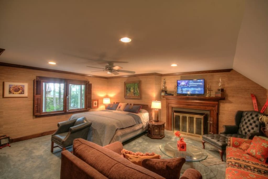 Blue Suite with Kingsize bed, Fireplace, TV, Couch, Garden view