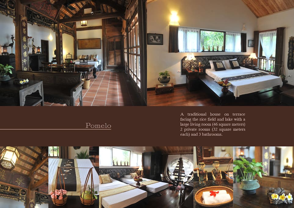 Pomelo House - A traditional house on terrace facing the rice field and lake with a large living room (46 square meters) 2 private rooms (32 square meters each) and 3 bathrooms.