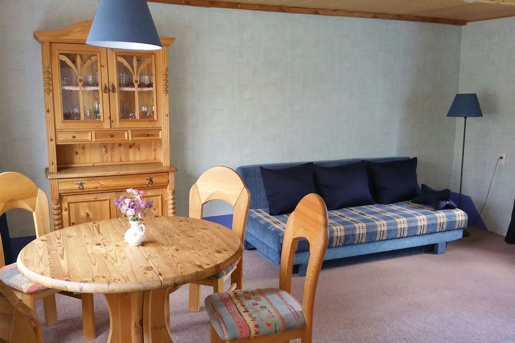 Das Wohnzimmer bietet das Ausklapp-Sofa einen Schlafplatz für 2.