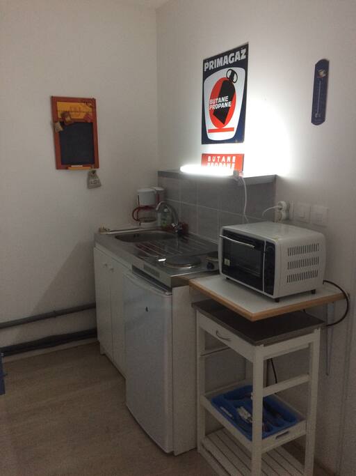 Coin cuisine : mini four , cafetière,2 plaques électrique et frigo .