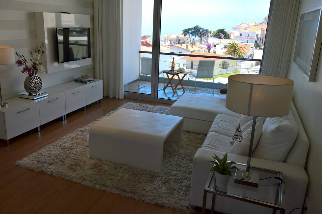Wohnraum mit TV und Blick auf beide Balkons