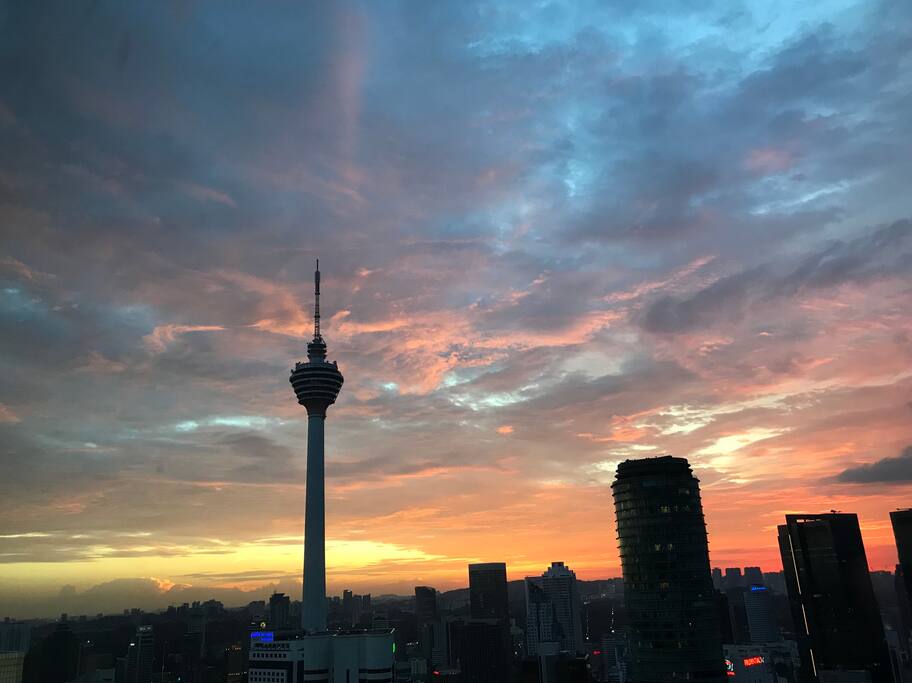 KL Tower against the sunset, view from living room