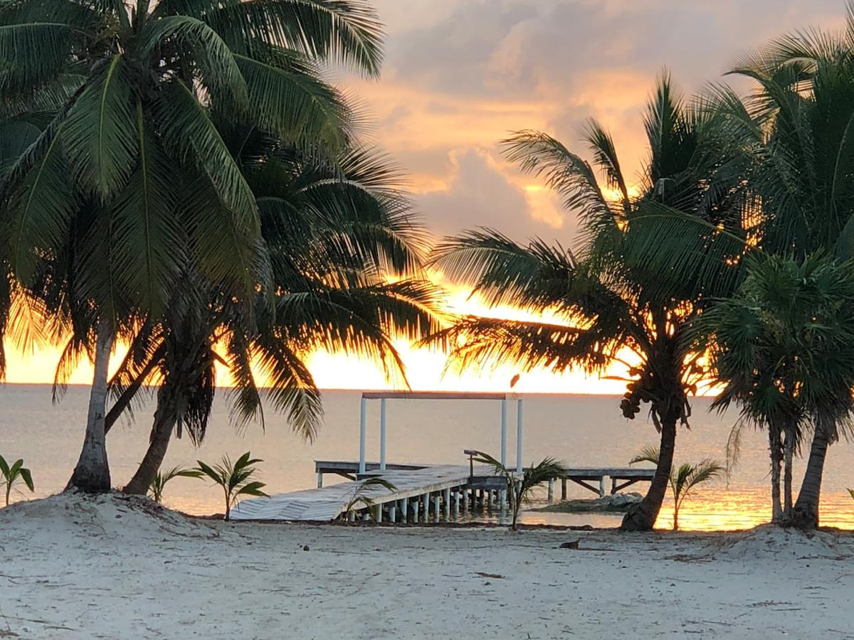 A serene beach scene is captured at sunset, featuring swaying palm trees framing a wooden pier that extends into the glimmering sea. The sky is adorned with warm hues, reflecting beautifully on the water's surface, creating a peaceful coastal atmosphere.