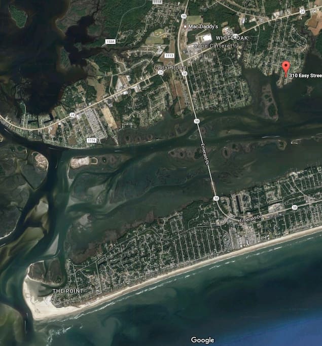 Arial view of Emerald Island. The house is in a great location for boating or beach.