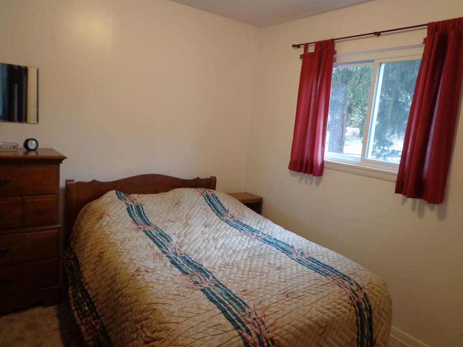 Bedroom 2: Twin size bed + dresser unit/credenza with mirror (closet not shown).