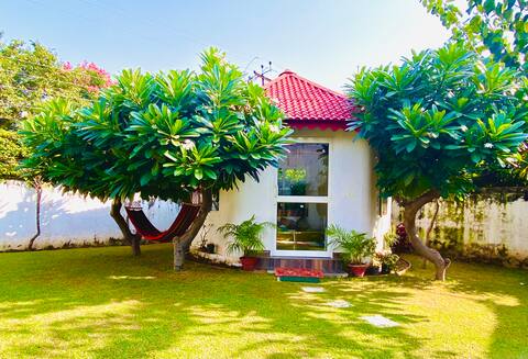 Adorable one bedroom with lush green open space .