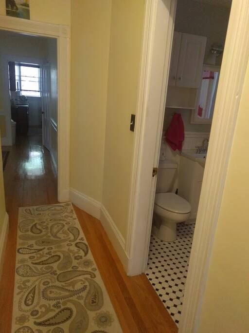 Walking in you can see the bathroom to the right.