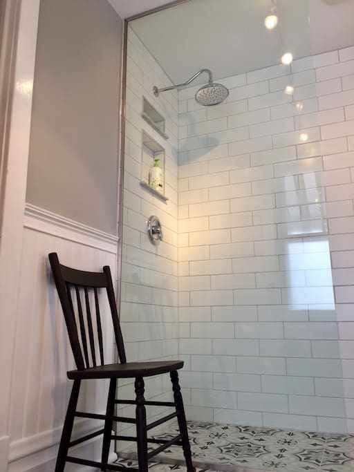 Freshly renovated bathroom with rainfall shower.