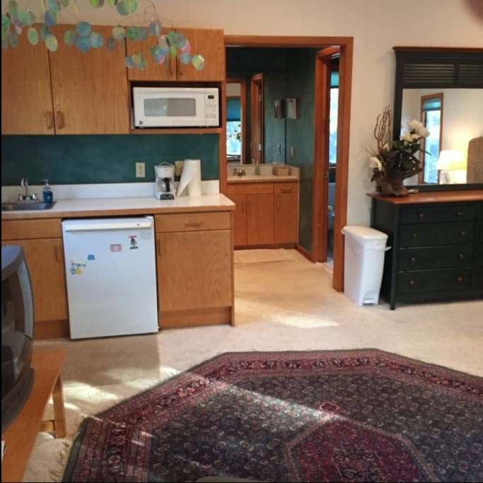 Microwave and Refrigerator, walk in closet, private bathroom
