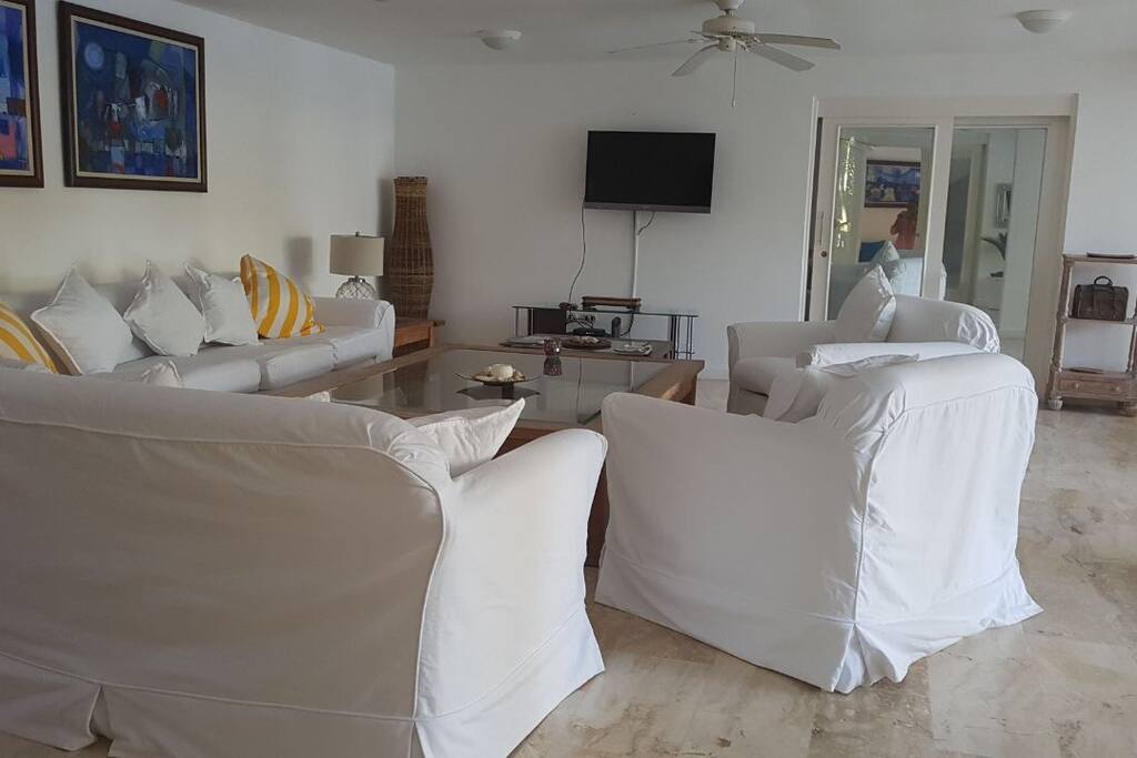 TV and comfortable couches