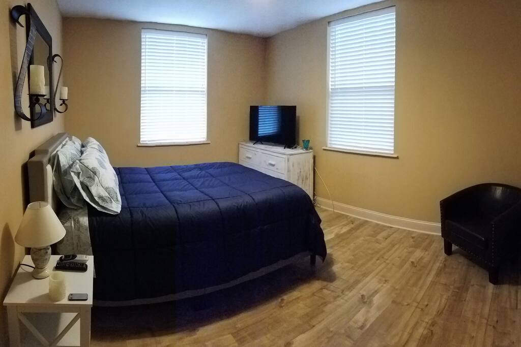 Everything you need to be comfy, bed, chair, Cable/Smart TV, and of course WiFi access.