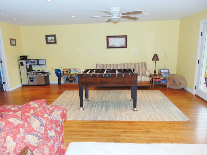 Large play room with foosball table, futon sofa and numerous children's toys.