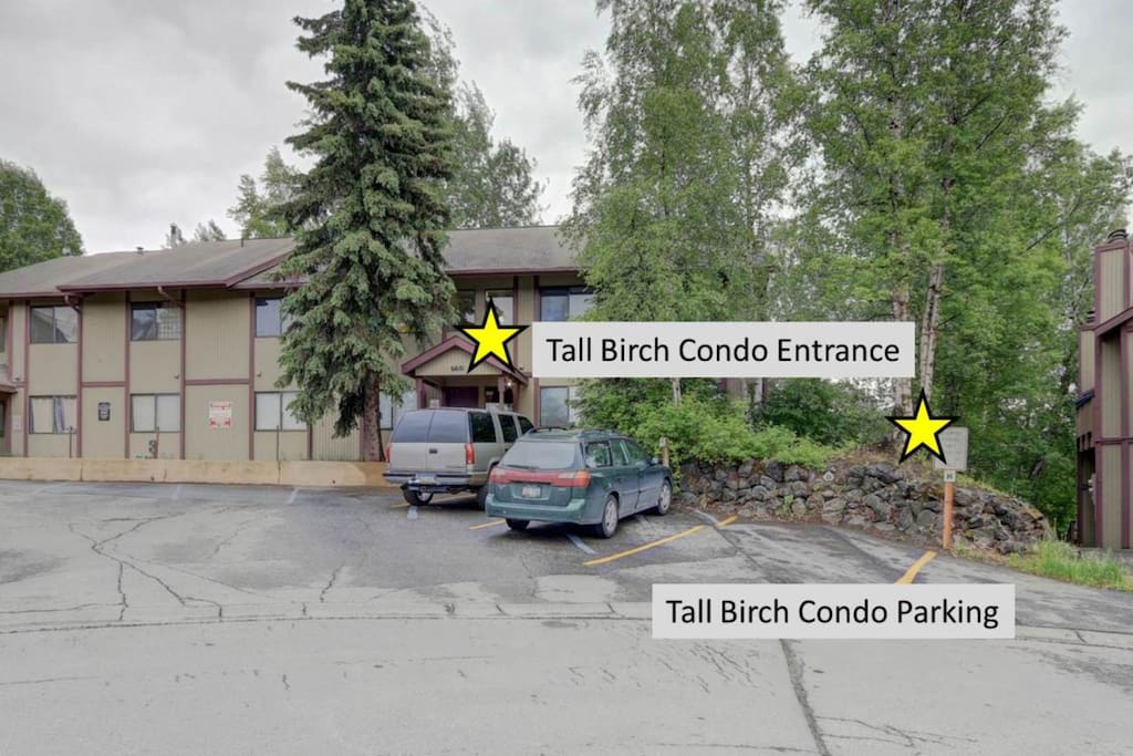 Outside view/parking situation at the Tall Birch Condo.