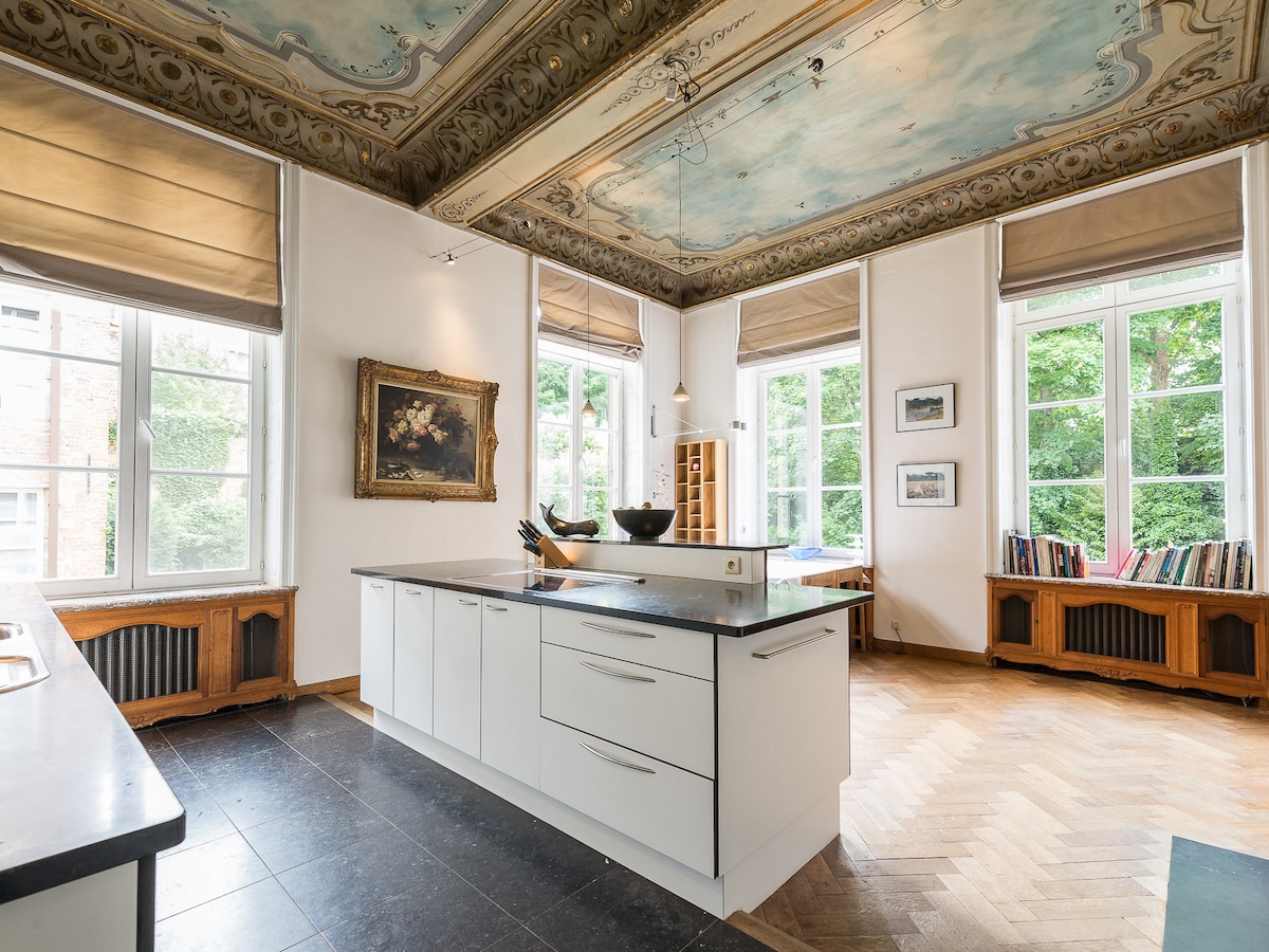 A spacious kitchen area is highlighted by intricate ceiling details and natural light streaming through large windows. A central island with a sleek surface provides ample space for cooking and dining. Wooden cabinetry and a view of the green outdoors enhance the inviting ambiance.
