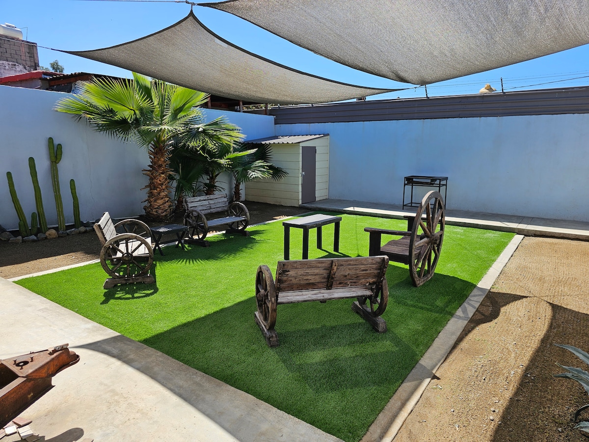 An outdoor patio space features green artificial grass, shaded by a canopy. Wooden benches and tables are arranged around the area, with a towering palm providing a tropical touch. Decorative elements include an arrangement of cacti and rustic wooden accents.