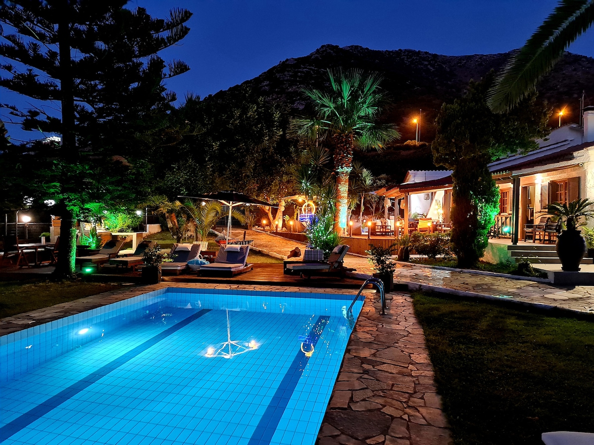 A serene outdoor area is illuminated by soft lighting, showcasing a refreshing pool with a turquoise hue. Surrounding palm trees and lush greenery add to the tranquil setting, while lounge chairs and a covered seating area invite relaxation.