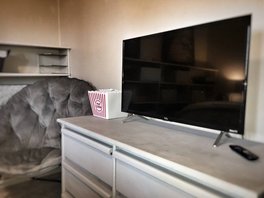 Netflix, Amazon Prime, Vudu with popcorn and snacks to enjoy anytime.