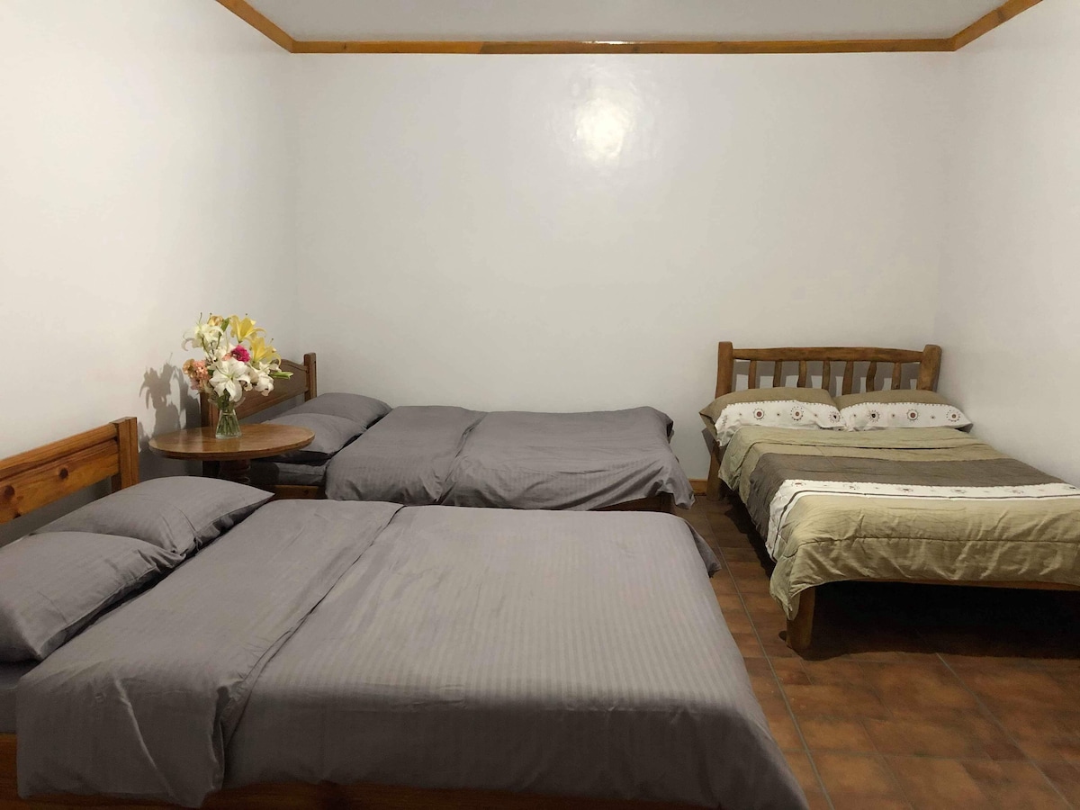 Habitación con 2 camas dobles y 1 cama individual