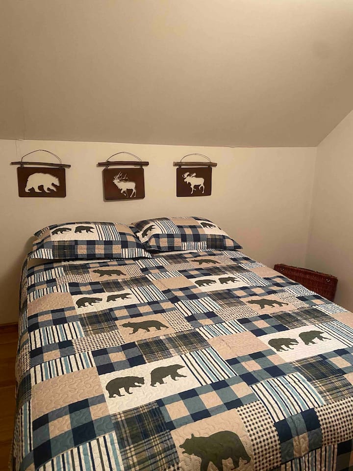 Spavaća soba u knjižnici s bračnim krevetom. 