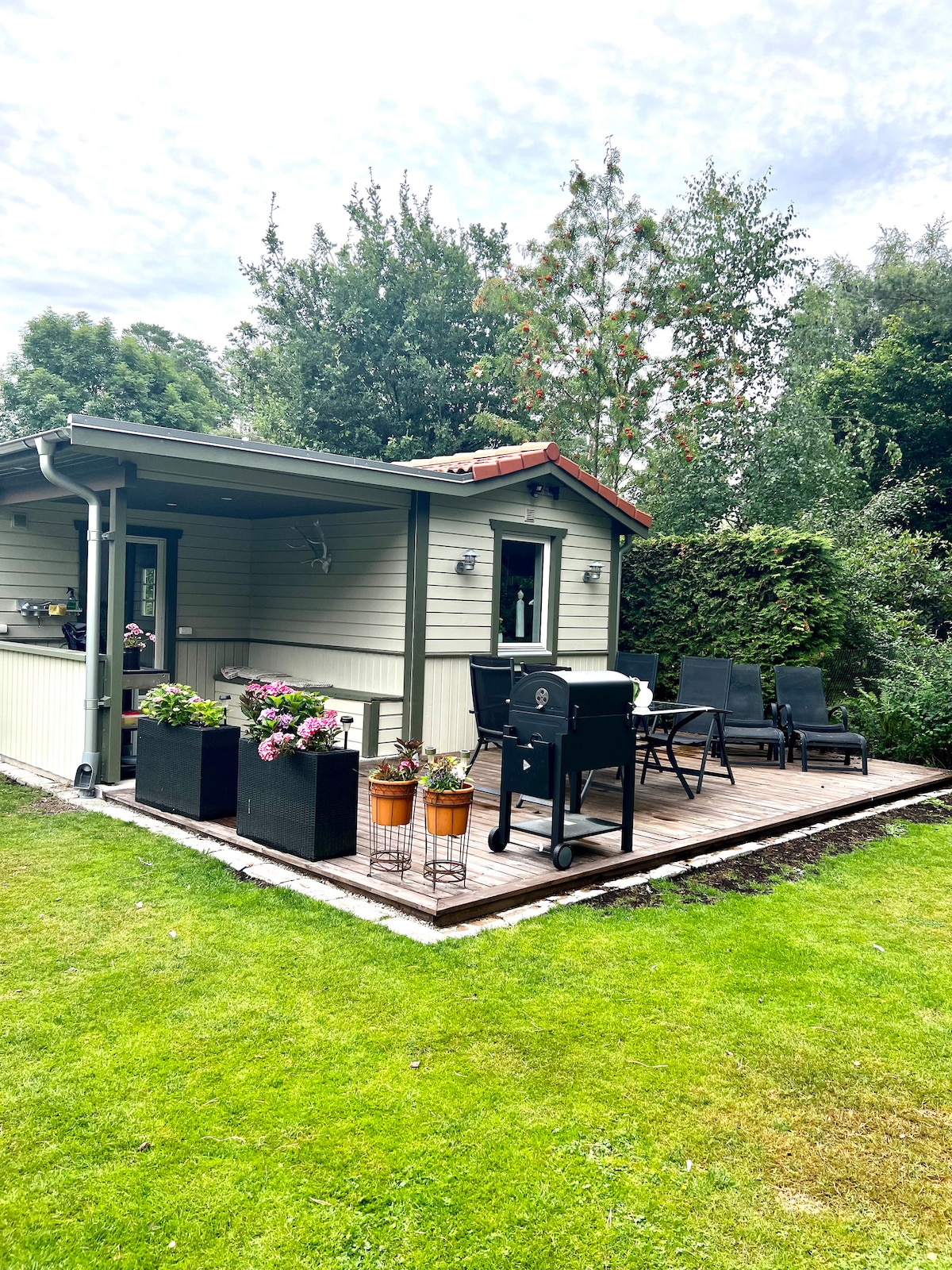 An outdoor patio area features a wooden deck with a barbecue grill and seating arrangements. Potted plants with colorful flowers enhance the space, surrounded by lush green grass. The cabin exterior displays a charming blend of muted colors and inviting design elements.