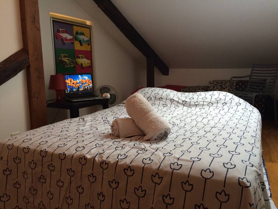 Votre chambre privée à l'étage, avec poutres apparentes et plancher en bois massif. Ordinateur connecté au wifi à votre disposition.