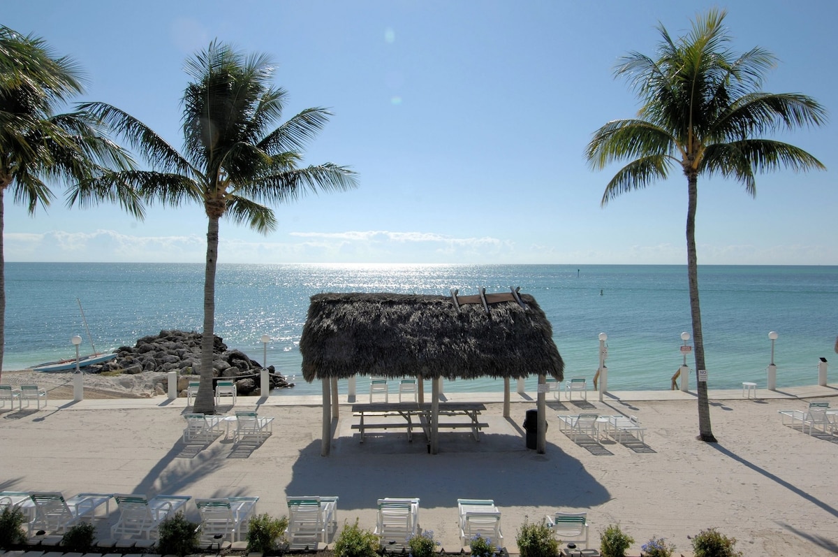 A sandy beachfront is framed by two palm trees, directing views toward the ocean. A thatched-roof tiki hut provides shaded seating, overlooking calm turquoise waters. Beach lounge chairs are arranged nearby, and a rocky jetty is visible in the distance, enhancing the serene coastal setting.