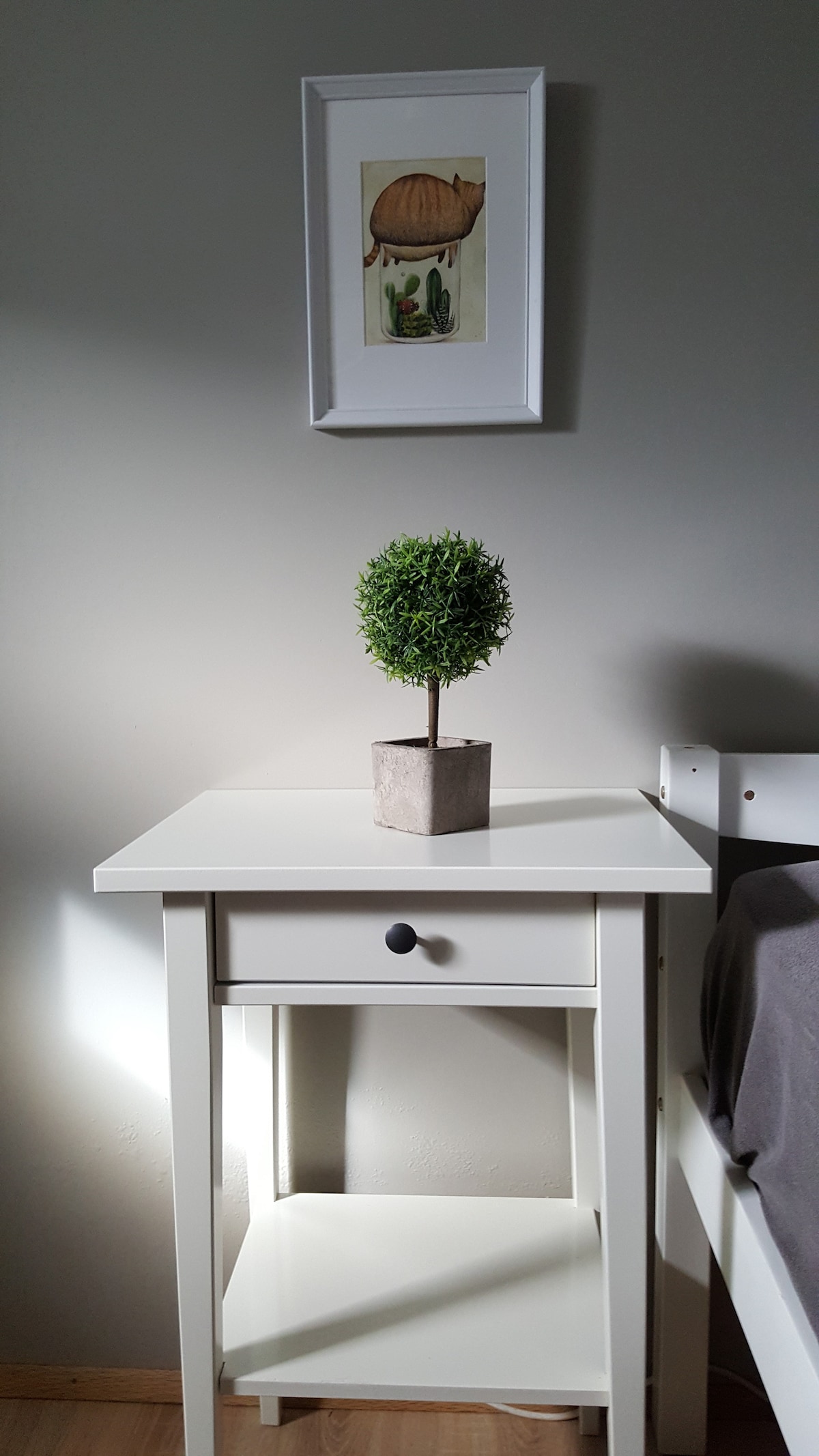 A minimalist nightstand is positioned beside a bed, featuring a single drawer and a small shelf below. A decorative potted plant sits on top, while a framed artwork of a balloon and cacti hangs on the wall above, casting a soft shadow in the natural light.
