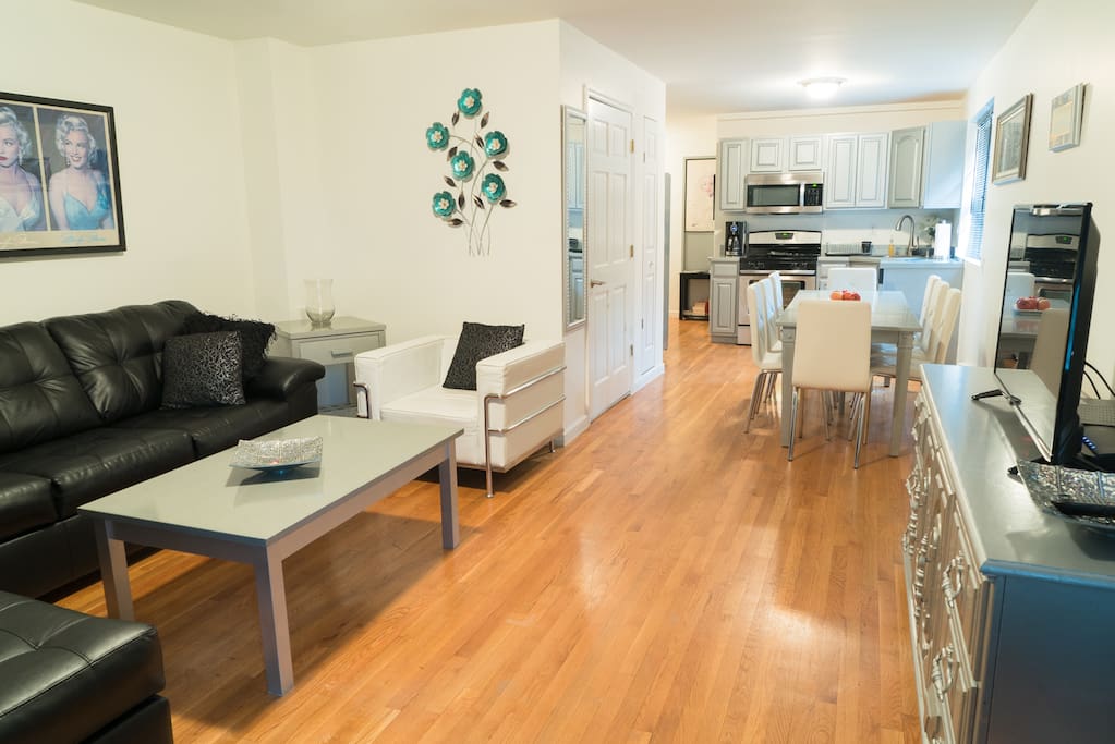 Large living room flows into the dining area and kitchen