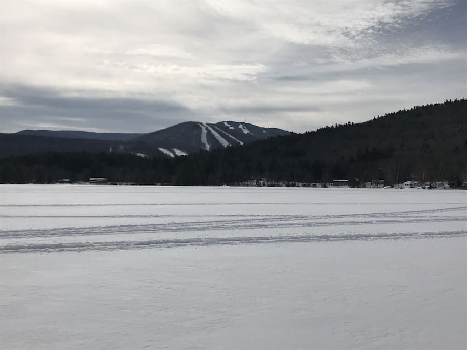 The view of Mt Sunapee from the frozen lake! Walk out on it, snow shoe, XC ski, or snowmobile!