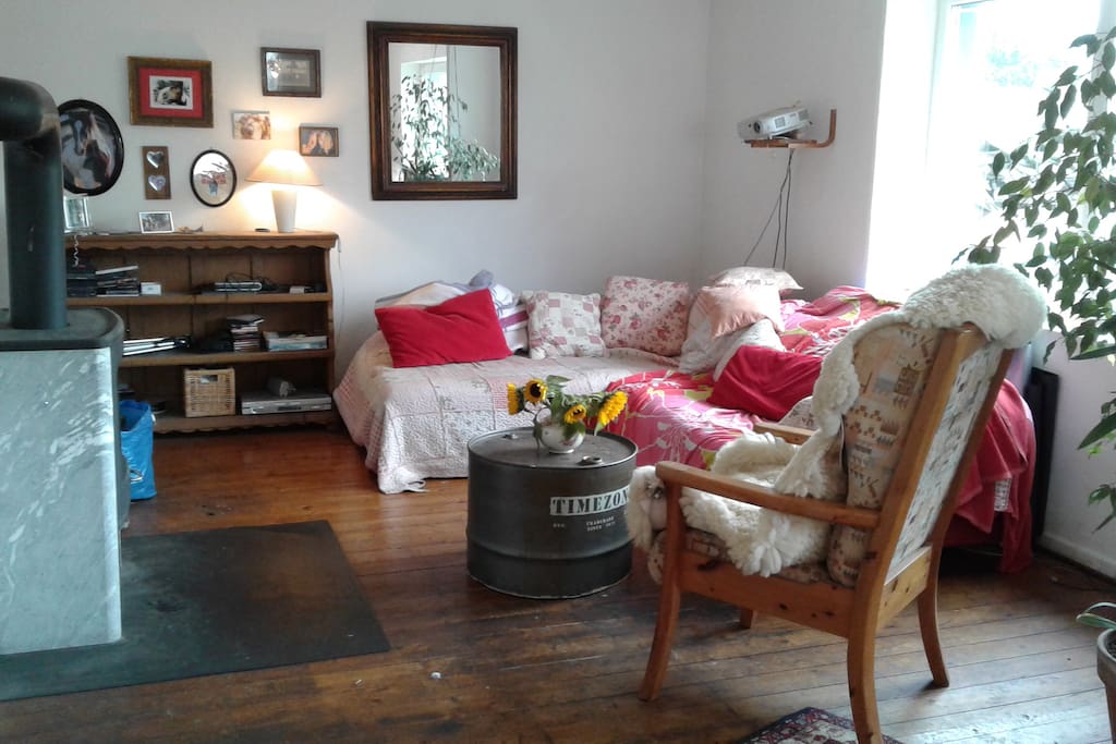 Wohnzimmer mit Kaminofen und Schlafsofa