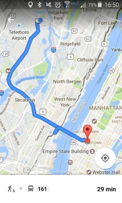 Bus number 161 takes you times square in midtown Manhattan in 25-30 minutes.