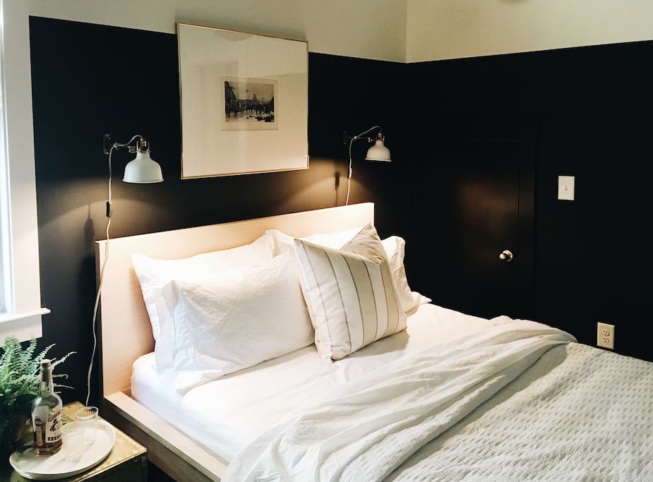 Brand new Cocoon Queen mattress in bedroom with smart 32 inch HD TV and ample closet space