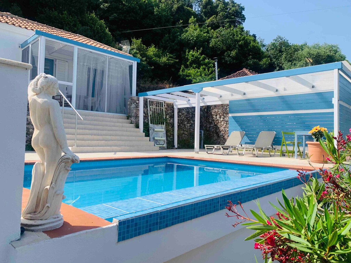 A serene pool area is framed by a vibrant garden featuring tropical plants. A light blue pavilion provides shaded seating near the water, with loungers positioned for relaxation. Steps lead up to a bright, airy building, blending harmoniously with the natural surroundings.