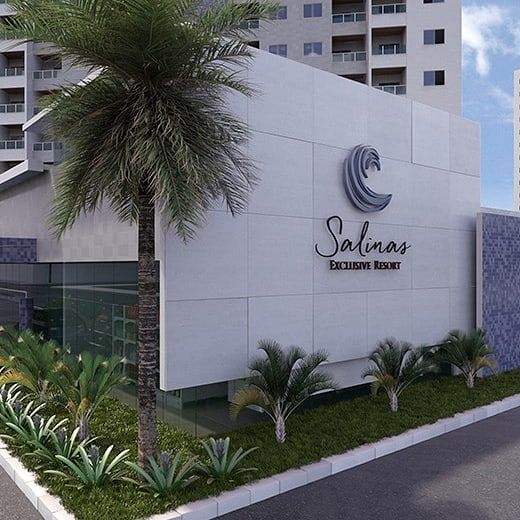 The resort exterior features a modern façade with clean lines and large glass windows. Tropical palm trees and lush greenery enhance the surrounding landscape, while the resort's name, 'Salinas Exclusive Resort', is prominently displayed above the entrance.