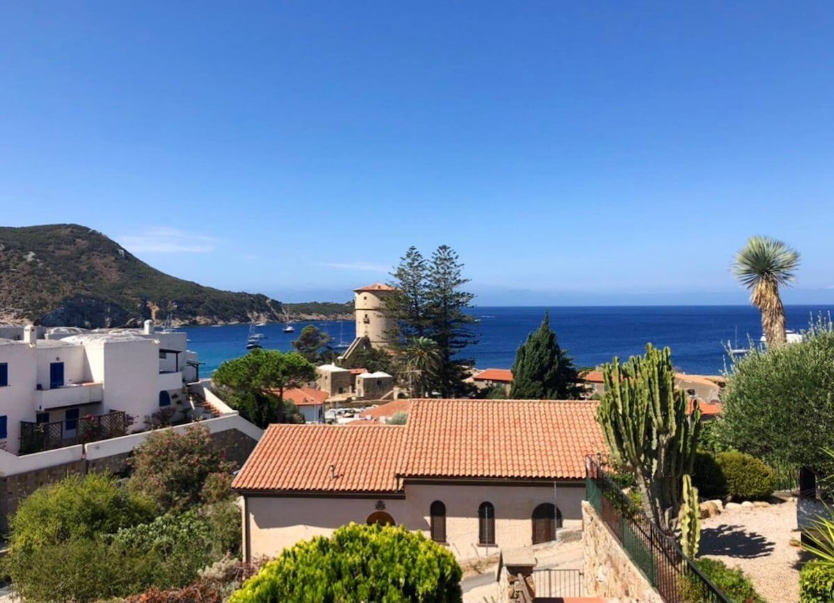 A panoramic view of the seaside is displayed, featuring the coastline and a historic tower surrounded by greenery. The vibrant blue sea contrasts with the terracotta rooftops and the lush vegetation, creating a serene landscape under a clear sky.