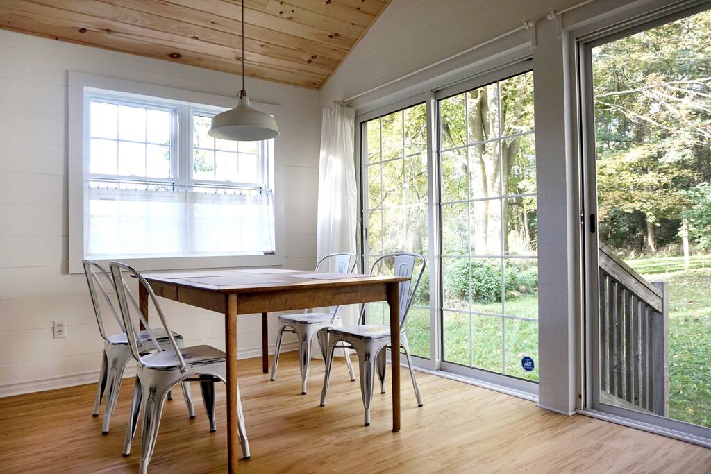 dining room with double sliding doors