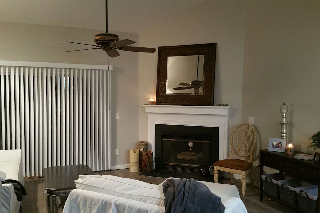 Shared Great Room with fireplace, projector screen, patio, and outside grill.