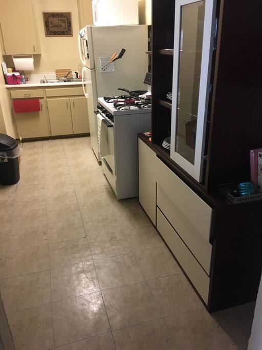 Gas stove, refrigerator and microwave.