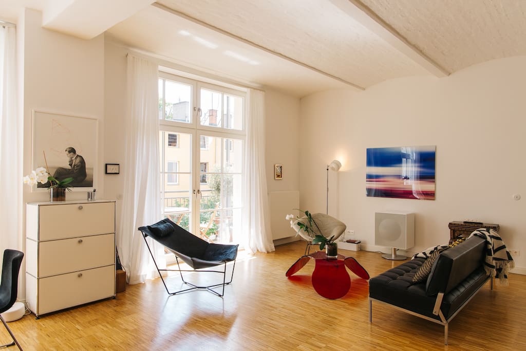 Living area with high ceilings.