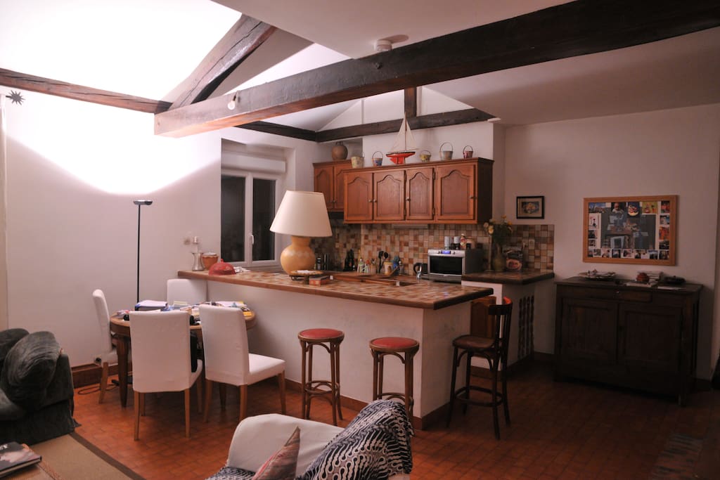 Living room and American open plan kitchen