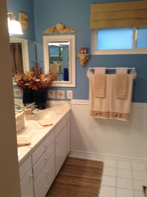 Private sink and cabinet plus shower and tub. Towels and toiletries are provided.