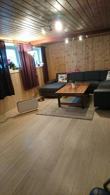 Ny stue. Ny stor sofagruppen. 1stavs parkett. 3 vinduer gir fint dagslys. Radio og TV.