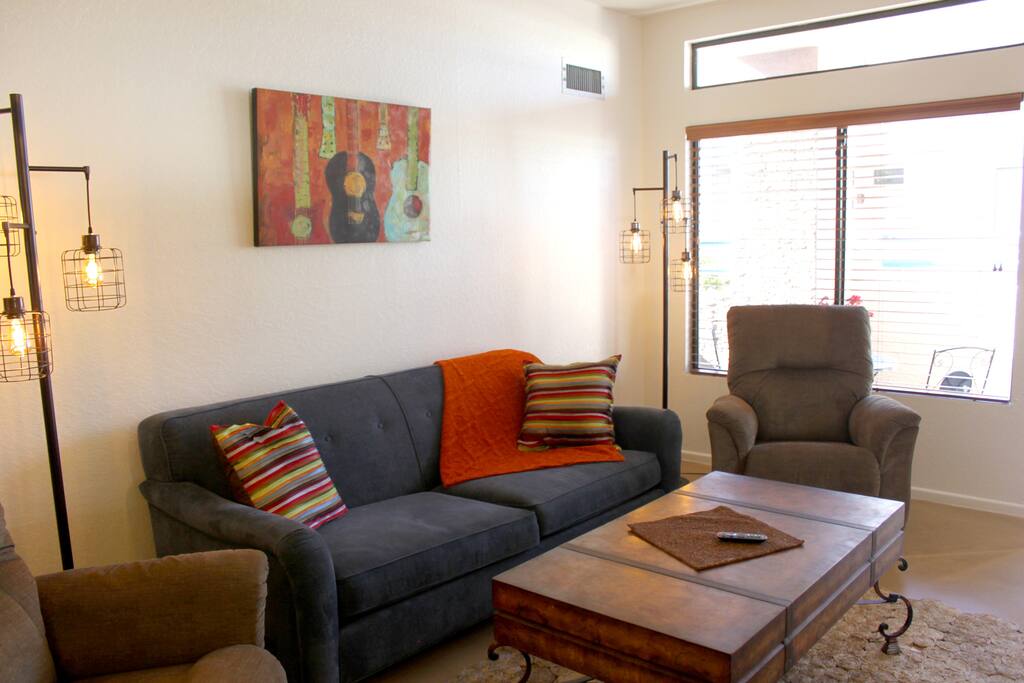 Comfy couch and 2 newer Lazboy recliners to relax in.