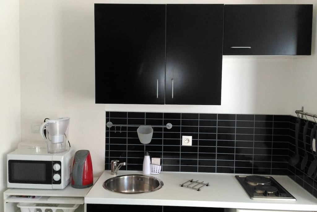 cuisine aménagée
frigo micro onde
plaque électrique