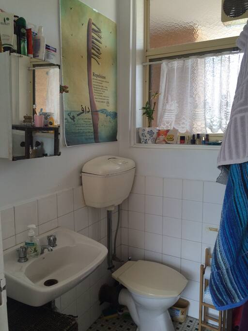 Bathroom with shower over bath.